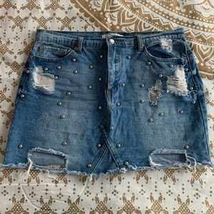 Studded, Distressed Light-Wash Denim Mini Skirt